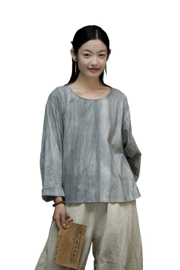 Women's Linen Shirts Vintage Chinese Blouse Loose Cotton Tunic Tops Hanfu T-Shirt Long Sleeve Retro Pullover