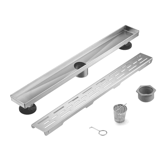HEATGENE 24-Inch Linear Shower Drain in Brushed - Stainless Steel Rectangular Shower Floor Drain - Removable Decorative Cover - Adjustable Leveling Feet - CUPC Certified