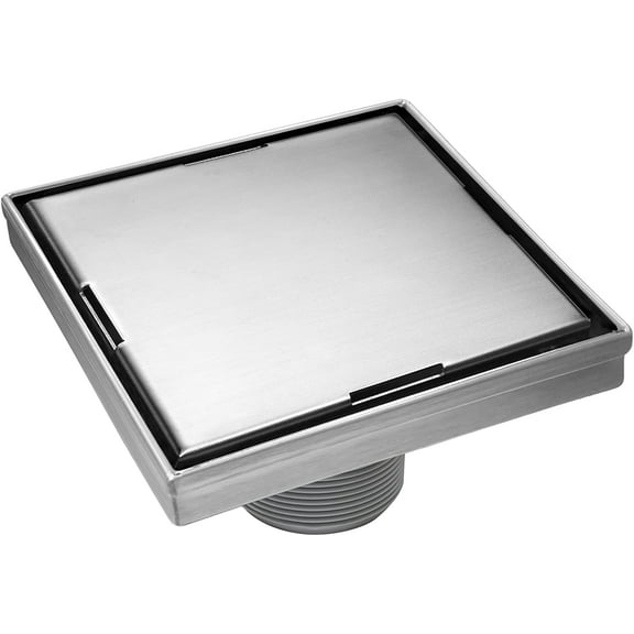HEATGENE 4-Inches Square Shower Drain with Flat Cover, Stainless Steel Shower Floor Drain with 2-in-1 Flat & Tile Insert Cover, Floor Shower Drain with Hair Strainer, Brushed