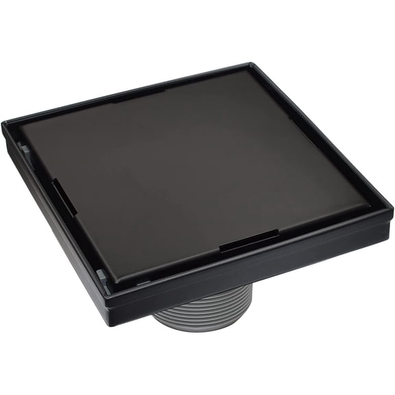 HEATGENE 4-Inches Square Shower Drain with Flat Cover, Stainless Steel Shower Floor Drain with 2-in-1 Flat & Tile Insert Cover, Floor Shower Drain with Hair Strainer, Matte Black