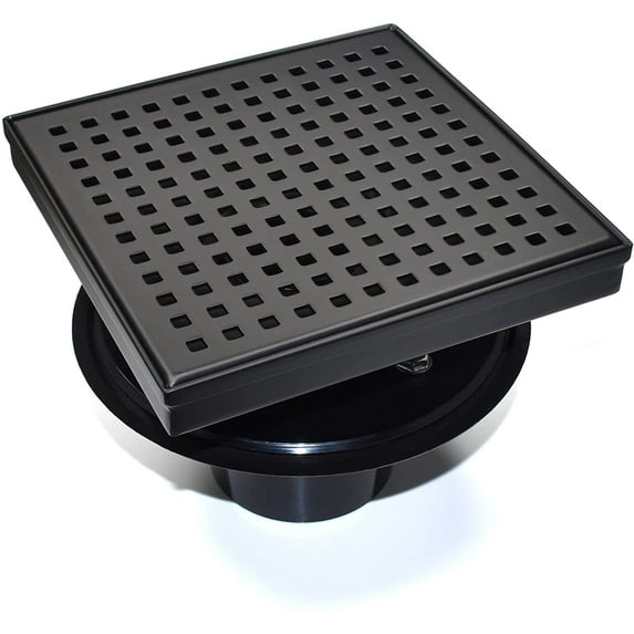HEATGENE 4-Inches Square Shower Drain with Flat Cover, Stainless Steel Shower Floor Drain with Removable Square Pattern Grate, Floor Shower Drain with Hair Strainer, Matte Black