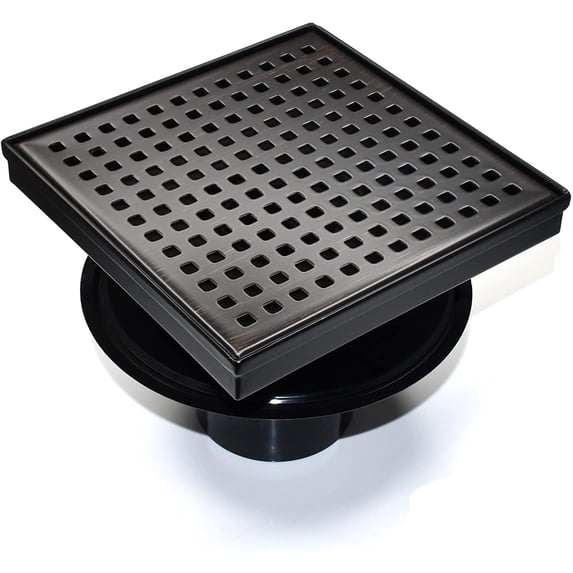 HEATGENE 4-Inches Square Shower Drain with Flat Cover, Stainless Steel Shower Floor Drain with Removable Square Pattern Grate, Floor Shower Drain with Hair Strainer, Venetian Bronze