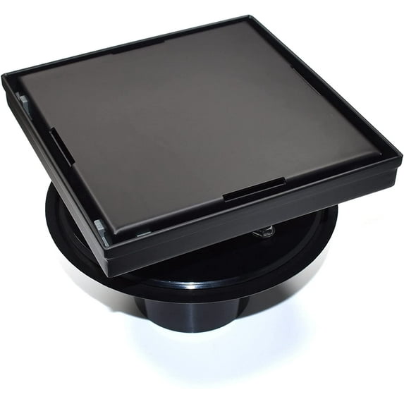 HEATGENE 6-Inch Square Shower Drain with Flat Cover, Floor Shower Drain with Hair Strainer, Stainless Steel Shower Floor Drain with 2-in-1 Flat & Tile Insert Cover, Matte Black