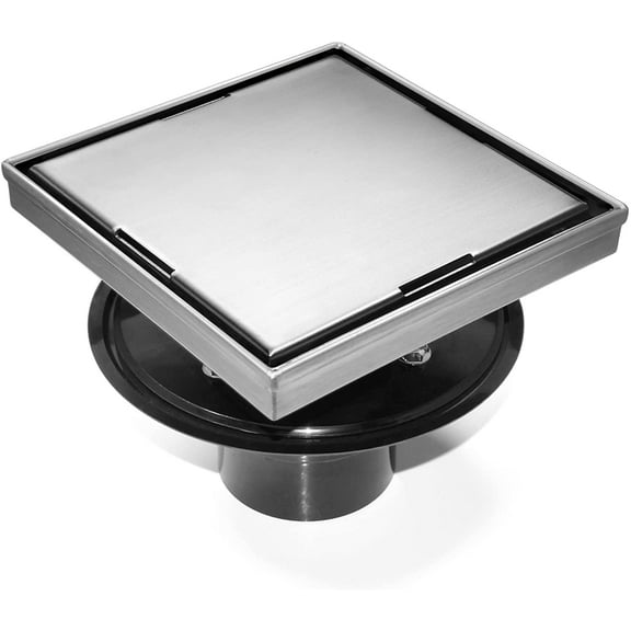 HEATGENE 6-Inch Square Shower Drain with Flat Cover, Floor Shower Drain with Hair Strainer, Stainless Steel Shower Floor Drain with 2-in-1 Flat & Tile Insert Cover, Brushed