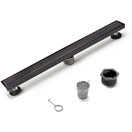 HEATGENE Linear Shower Drain 24-Inch, Stainless Steel Rectangle Shower Floor Drain with 2-in-1 Flat & Tile Insert Cover, Shower Drain with Hair Strainer, Venetian Bronze