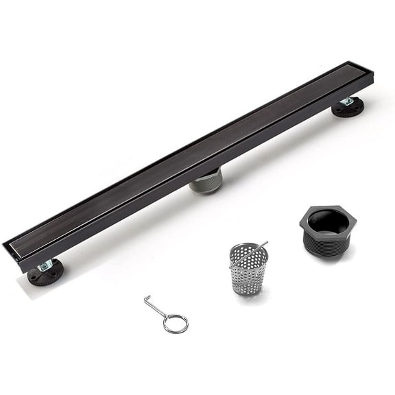 HEATGENE Linear Shower Drain 24-Inch, Stainless Steel Rectangle Shower Floor Drain with 2-in-1 Flat & Tile Insert Cover, Shower Drain with Hair Strainer, Venetian Bronze