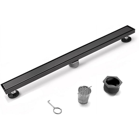 HEATGENE Linear Shower Drain 24-Inch, Stainless Steel Rectangle Shower Floor Drain with 2-in-1 Flat & Tile Insert Cover, Shower Drain with Leveling Feet & Hair Strainer, Matte Blackā¦