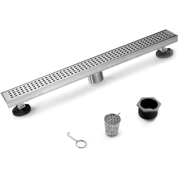 HEATGENE Linear Shower Drain 24-Inch, Stainless Steel Rectangle Shower Floor Drain with Removable Quadrato Pattern Grate, Shower Drain with Hair Strainer, Brushed
