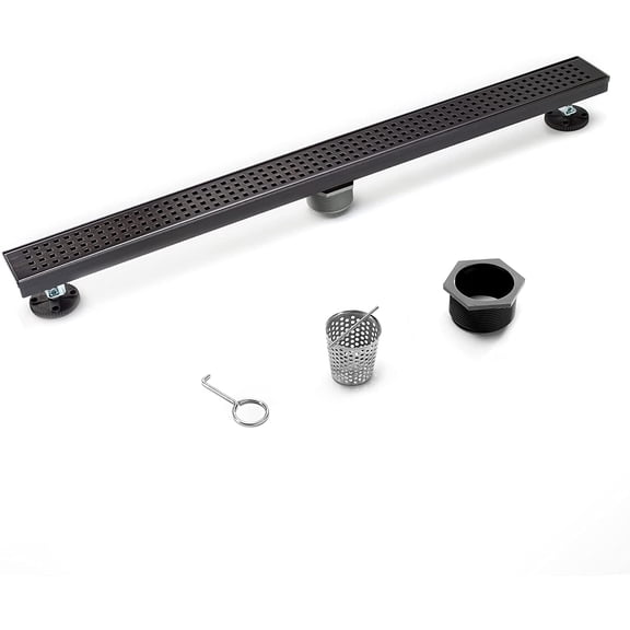 HEATGENE Linear Shower Drain 24-Inch, Stainless Steel Rectangle Shower Floor Drain with Removable Quadrato Pattern Grate, Shower Drain with Hair Strainer, Venetian Bronze