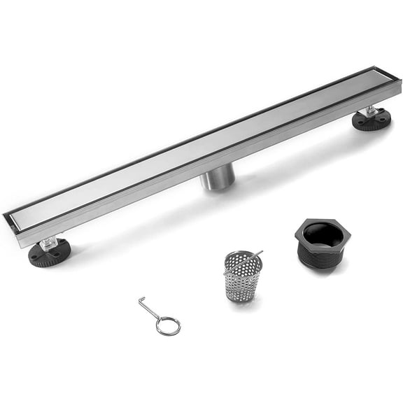 HEATGENE Linear Shower Drain 24-Inch, Stainless Steel Rectangle Shower Floor Drain with 2-in-1 Flat & Tile Insert Cover, Shower Drain with Leveling Feet & Hair Strainer, Brushed