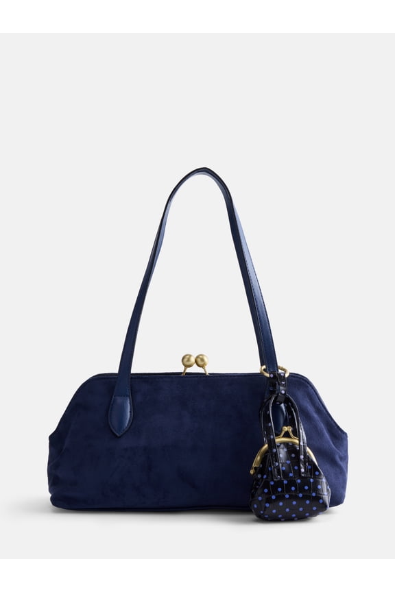 Women's Faux Suede Shoulder Bag with Mini Bag Charm, Navy Water