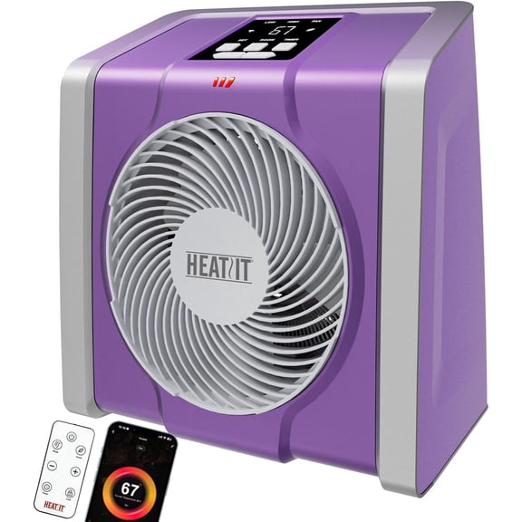 HEATIT Space Heater with Remote for Indoor, Digital Display with ThermostatContaining Plasma & Ozone, 1-12H Timer,1500W/750W, Electric Space Heater for Office, Bedroom,Violet,10.6"Dx7.0"W x 11.8"H