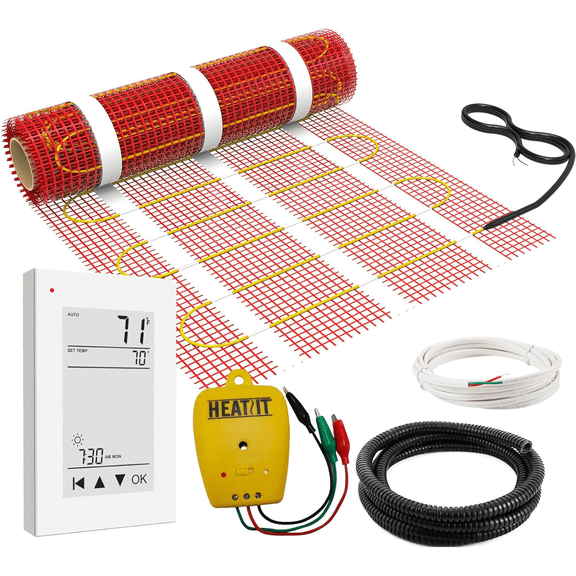 HEATIT Warmmat electric radiant self-adhesive floor heating system and ET-72 thermostat and alarm monitor
