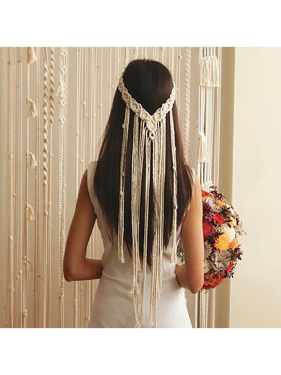 Bridal Beige Macrame Hairband Wedding Headpiece for Bride Elegant Bohemian Look