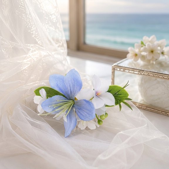 HEATSHAKING Bridal Hair Comb Blue with Floral Design Ideal for Beach Wedding and Stable All Day Wear