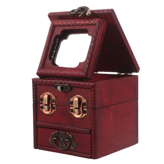 HEATSHAKING Vintage Chinese Jewelry Box Wooden Makeup Organizer with Mirror