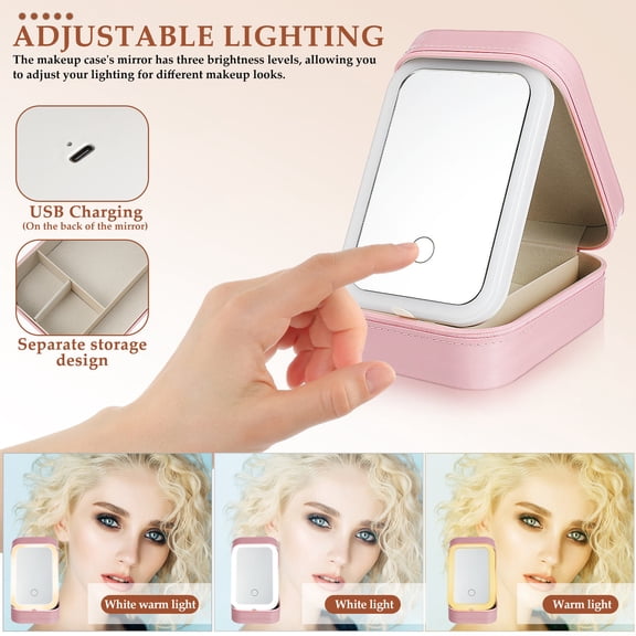 HEATSHAKING Makeup Box with Mirror and LED Light for Makeup Application and Jewelry Storage Pink