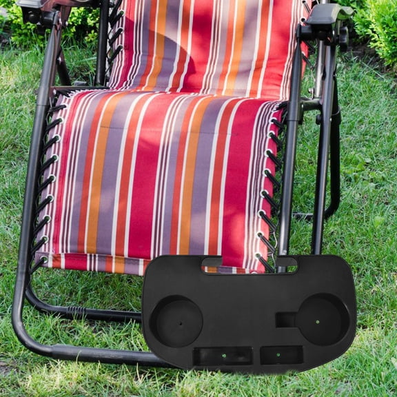 HEATSHAKING Black Plastic Lounge Chair with Cup Holder Tray, Outdoor Seat for Beach, Patio, and Backyard