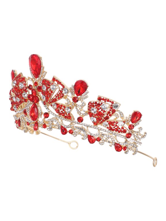 Rhinestone Wedding Crown Red Bridal Tiara with Ergonomic Hair Band Fit