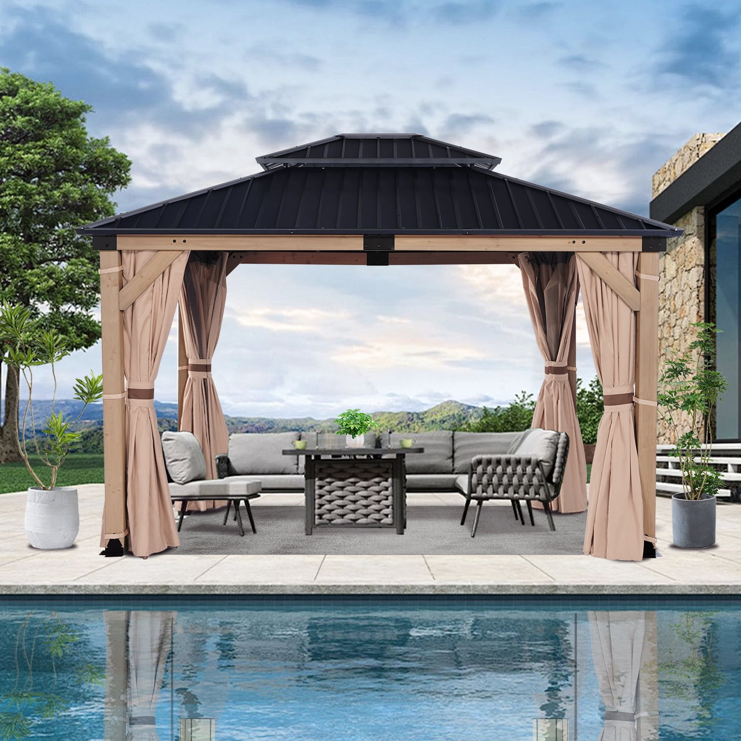 HEAVDUTY Hardtop Wood Gazebo 10x12 ft Cedar Wood Frame Gazebo with