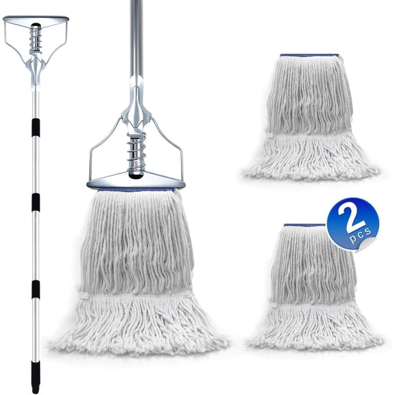 HEAVY DUTY Commercial Industrial Mop, 59in Looped-End String Wet Cotton Mop for Floor Cleaning, Suitable for Home, Workshop and Garage, Including 2 Mop Head Replacements, Blue and White