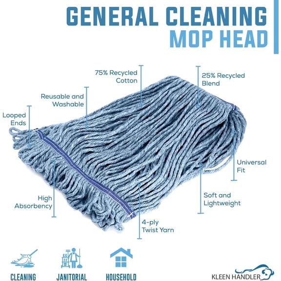 HEAVY DUTY Commercial Mop Head Replacement, Wet Industrial Blue Cotton Looped End String Cleaning Mop Head Refill (Pack of 6)