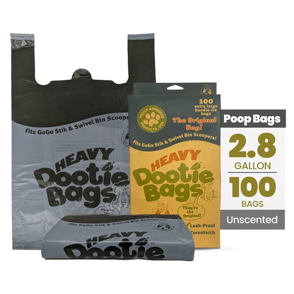 Heavy Dootie BagsĀ® Very Large Dog and Cat Waste Bags, 100 Count Leakproof Multi-Use Poop Bags with E-Z Tie Handles and Gussets, Unscented, Fits GoGo Stik Scoopers