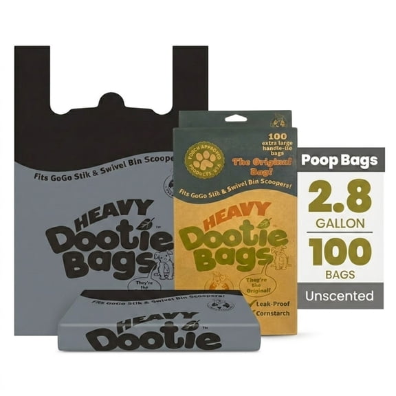 Heavy Dootie Bags® Very Large Dog and Cat Waste Bags, 100 Count Leakproof Multi-Use Poop Bags with E-Z Tie Handles and Gussets, Unscented, Fits GoGo Stik Scoopers