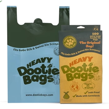 Heavy Dootie Bags® Very Large Dog and Cat Waste Bags, 100 Count Leakproof Multi-Use Poop Bags with E-Z Tie Handles and Gussets, Unscented, Fits GoGo Stik Scoopers
