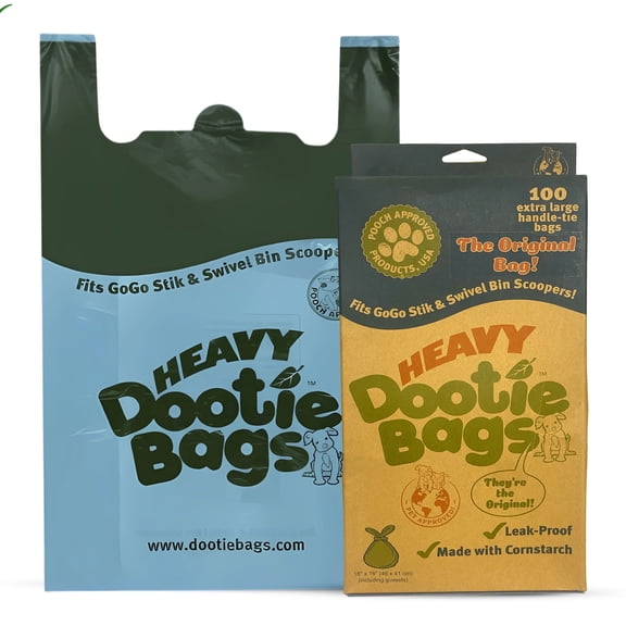 Heavy Dootie Bags® Very Large Dog and Cat Waste Bags, 100 Count Leakproof Multi-Use Poop Bags with E-Z Tie Handles and Gussets, Unscented, Fits GoGo Stik Scoopers