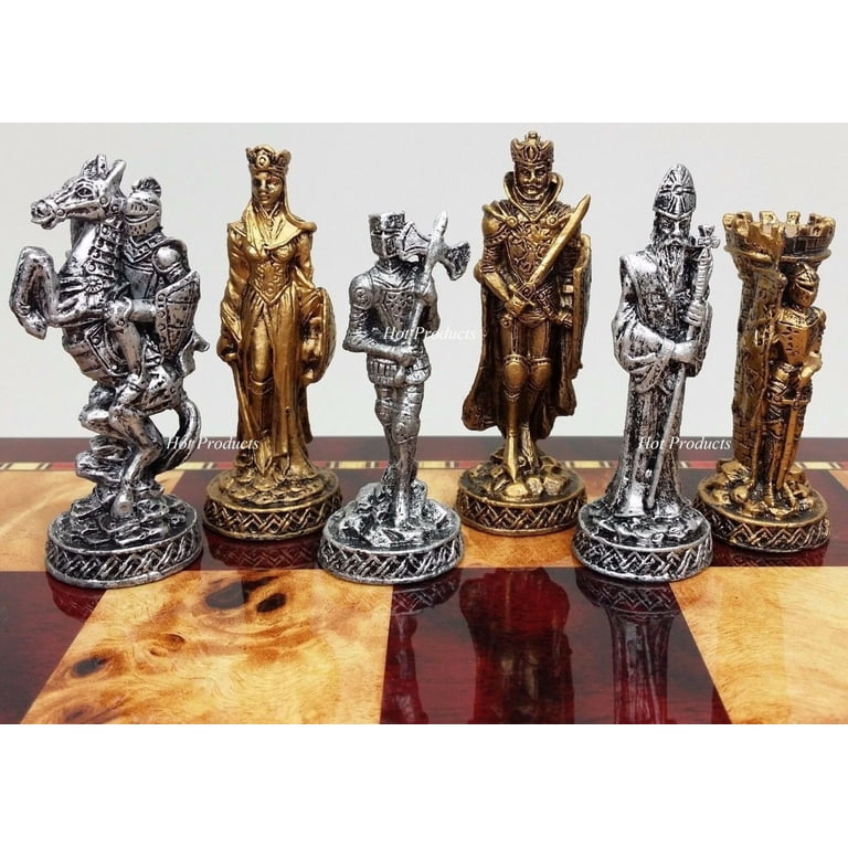 Medieval Pewter Metal Chess Pieces Set, Antique Gold and Silver