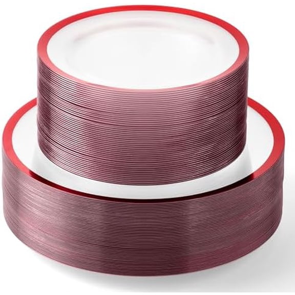 HEAVYWEIGHT 100 Pc Clear and Red Disposable Plates 50 Dinner & 50 Dessert | for Weddings, Party, Bridal Shower & Valentines (50 Guests)