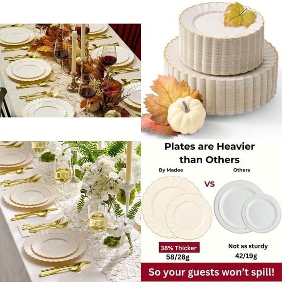 HEAVYWEIGHT 100 Pc Ivory Scalloped Plastic Plates for Party with Gold Trim 50 Dinner 50 Dert Party Plates Elegant Fancy for Wedding Bridal Showers Special Moments 50 Guests
