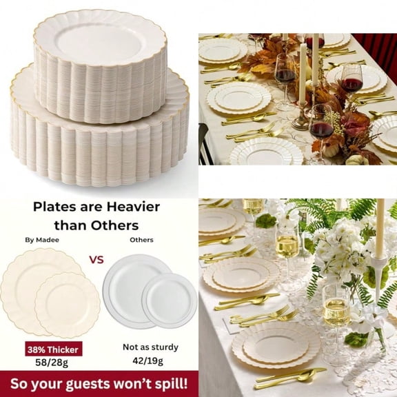 HEAVYWEIGHT 100 Pc Ivory Scalloped Plastic Plates for Party with Gold Trim 50 Dinner 50 Dert Party Plates Elegant Fancy for Wedding Bridal Showers Special Moments 50 Guests