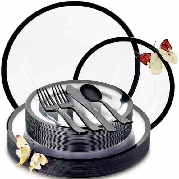 HEAVYWEIGHT 150 Pcs Clear and Black Party Plates and Utensils Set | Fancy Disposable Dinnerware Set with Gift of 3D Butterflies for Table Decor (150 Pcs 25 Guests)