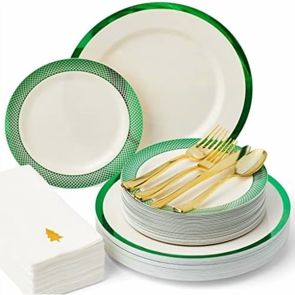 HEAVYWEIGHT 175 Pc Ivory Plates with GreenTrim | Disposable Dinnerware Set for 25 Guests