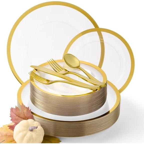 HEAVYWEIGHT Thanksgiving Plastic Plates and Cutlery | Clear and Gold Plastic Plates Thanksgiving Dinnerware Sets + Gift of 3D Butterflies for Table Decor (150 Pcs for 25 Guests)