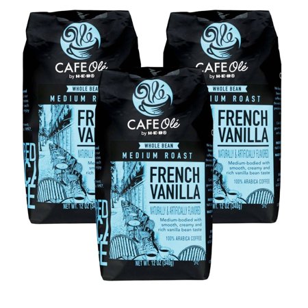 HEB Cafe Ole Whole Bean Coffee 12oz Bag (Pack of 3) (French Vanilla - Medium Dark Roast (Full City))