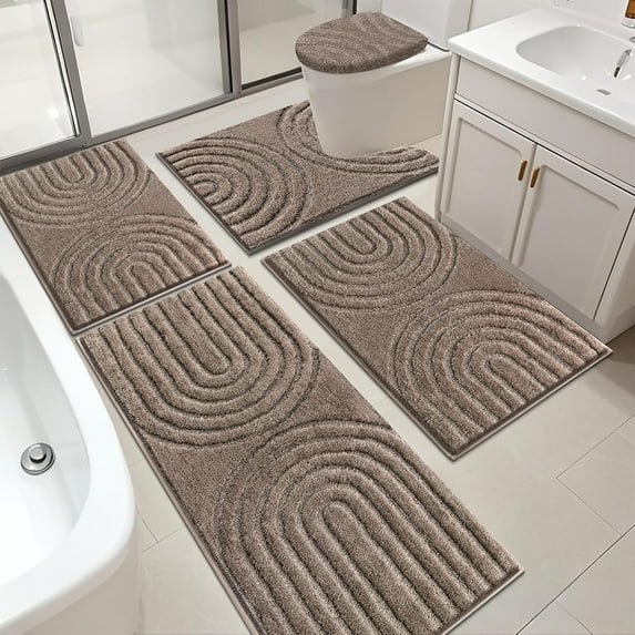 HEBE Bathroom Rugs Set 5 Piece, Plush Absorbent Bath Mats for Bathroom, Non Slip Machine Washable Bath Mat Set with Toilet Cover, Bath Runner and U-Shaped Contour Toilet Rug, Coffee