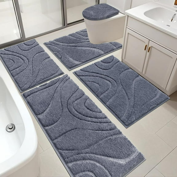 HEBE Bathroom Rugs Sets 5 Piece, Soft Absorbent Microfiber Bath Mat for Bathroom, Non Slip Washable Rug Set with Toilet Cover, Runner and U-Shaped Contour Rug, Dark Grey