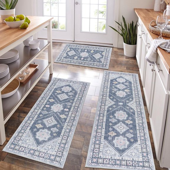 HEBE Boho Kitchen Rugs Set of 3, Non Slip Washable Kitchen Mats for Floor | Farmhouse Kitchen Runner Rug Set, Soft Vintage Stain Resistant Kitchen Floor Carpet Runners for Hallway, Entryway, Laundry