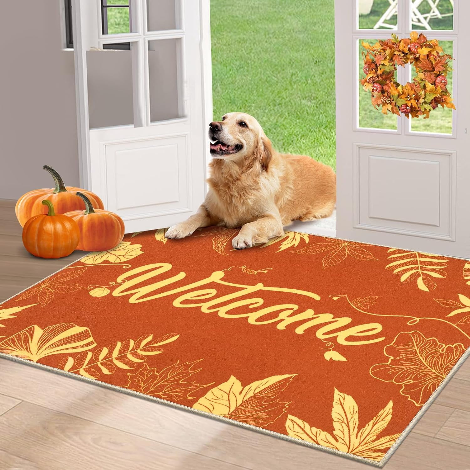 HEBE Fall Door Mat 20"x32" Non Slip Pumpkin Welcome Doormat Buffalo Plaid Doormats for Autumn Harvest Thanksgiving Farmhouse Large Entrance Doormat Low Profile Floor Carpet Mat Washable