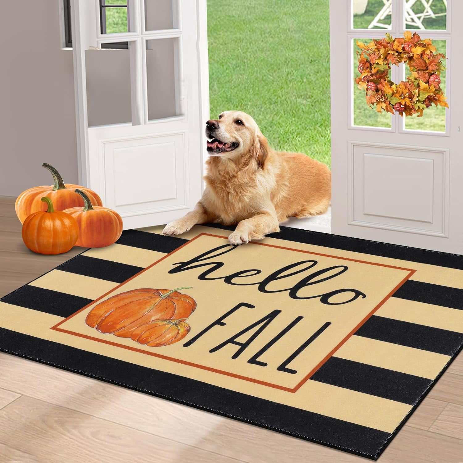 HEBE Fall Door Mat 20"x32" Non Slip Pumpkin Welcome Doormat Buffalo Plaid Doormats for Autumn Harvest Thanksgiving Farmhouse Large Entrance Doormat Low Profile Floor Carpet Mat Washable