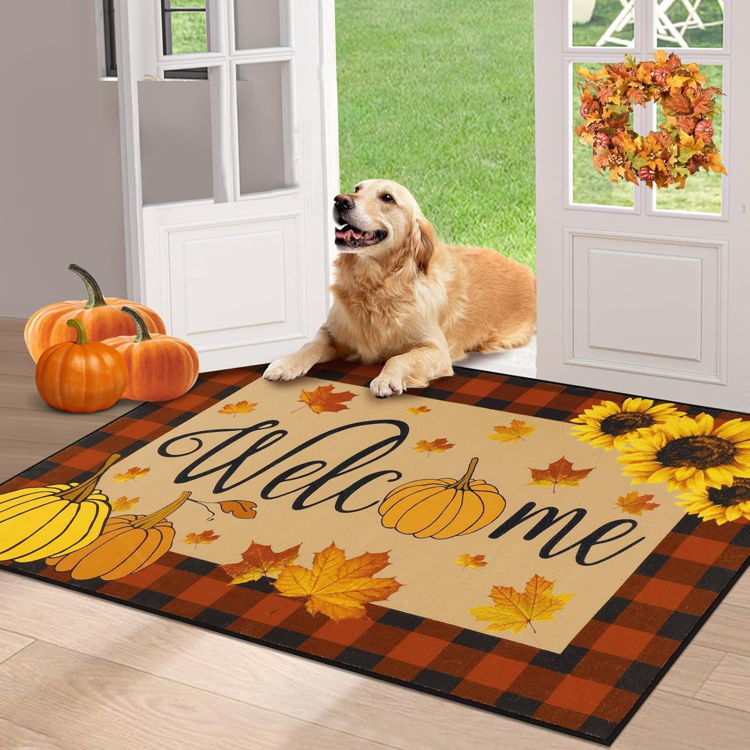 HEBE Fall Door Mat 20"x32" Non Slip Pumpkin Welcome Doormat Buffalo Plaid Doormats for Autumn Harvest Thanksgiving Farmhouse Large Entrance Doormat Low Profile Floor Carpet Mat Washable