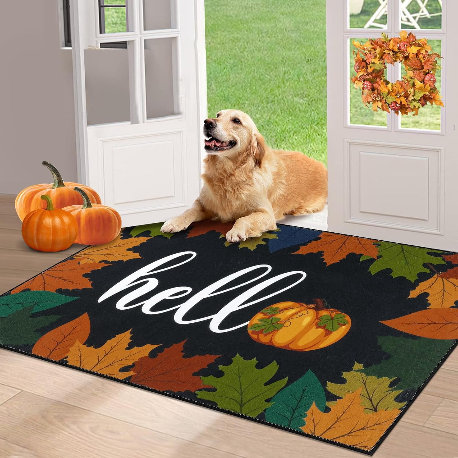 HEBE Fall Door Mat 20"x32" Non Slip Pumpkin Welcome Doormat Buffalo Plaid Doormats for Autumn Harvest Thanksgiving Farmhouse Large Entrance Doormat Low Profile Floor Carpet Mat Washable