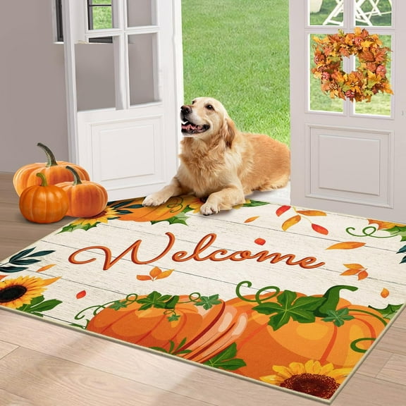 HEBE Fall Door Mat 20"x32" Non Slip Pumpkin Welcome Doormat Buffalo Plaid Doormats for Autumn Harvest Thanksgiving Farmhouse Large Entrance Doormat Low Profile Floor Carpet Mat Washable