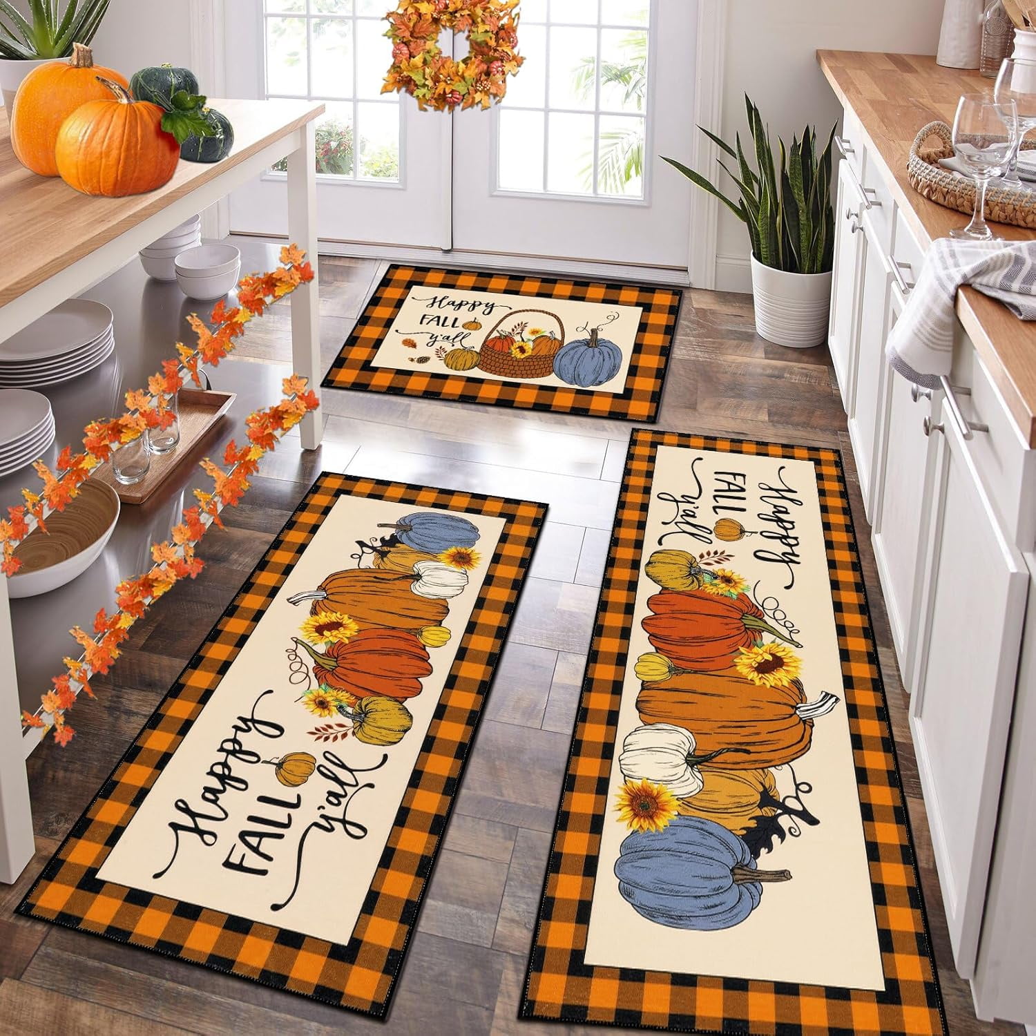 HEBE Fall Kitchen Rugs Sets of 3 Non Slip Farmhouse Buffalo Plaid ...