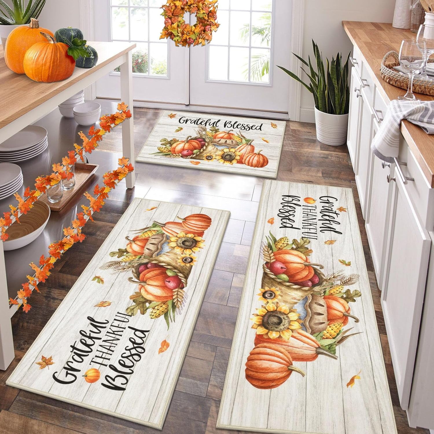 HEBE Fall Kitchen Rugs Sets of 3 Non Slip Farmhouse Buffalo Plaid ...