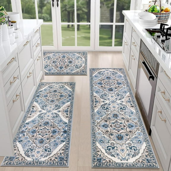 HEBE Farmhouse Kitchen Rugs Sets of 3 Non Slip Washable Boho and Mats for Floor Runner Rug Carpet Kitchen, Laundry, Hallways