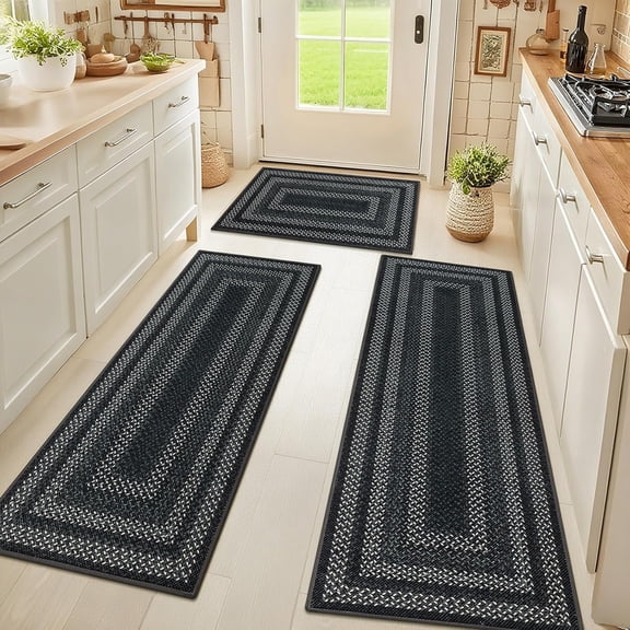 HEBE Faux Jute Kitchen Rugs Set of 3, Washable Mats for Floor | Non Slip Absorbent Rug and Runner Set, Border Braided Stain Resistant Carpet Runners Sink, Laundry, Hallway